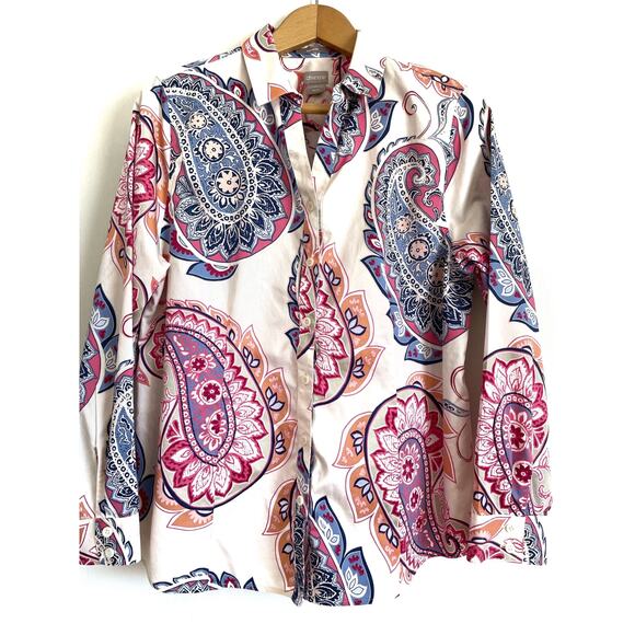 Chico's No Iron Sateen Western Paisley Shirt button up collared Size 2 US 12-14 - Picture 1 of 6